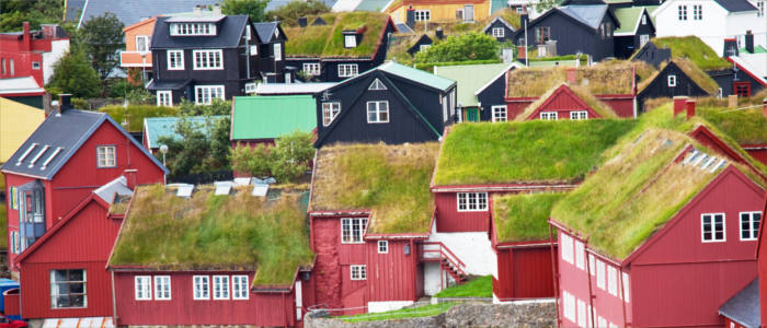 Rooftops overgrown with grass on the Faroe Islands