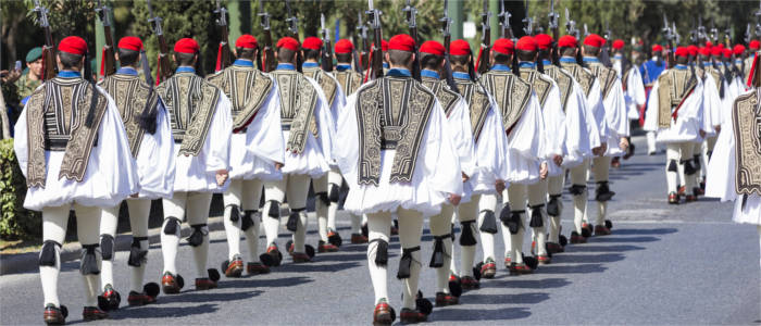 The presidential guard of the Evzones in the streets of Athens