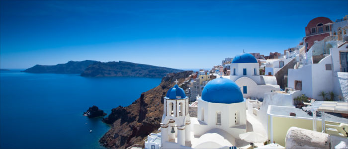 Houses of Fira on Santorini in Greece