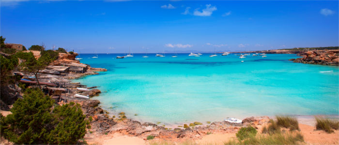 Turquoise blue sea and sandy beach on Formentera