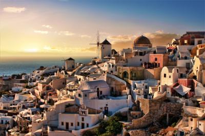 Santorini with a typical windmill in the Cyclades