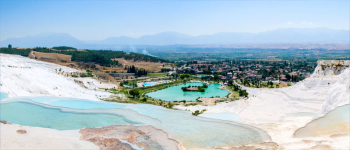Snowy white traventine terraces of Pamukkale in Turkey