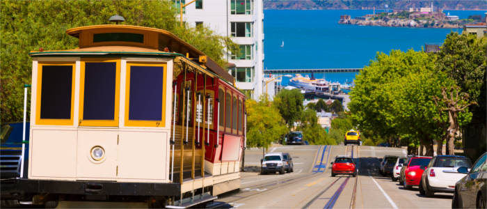 Cable car with Alcatraz in the background